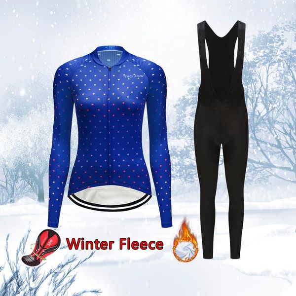 

racing sets 2021 winter warm cycling clothing women bib kit thermal fleece road bike jersery set mtb suit female bicycle clothes pro uniform, Black;blue