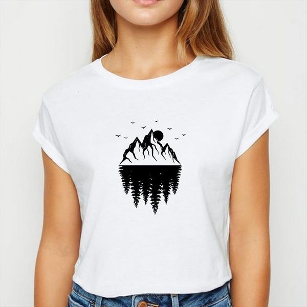 

female mountain sunset ulzzang men t shirts ropa and womens mujer spring summer white vintage o collar, White;black