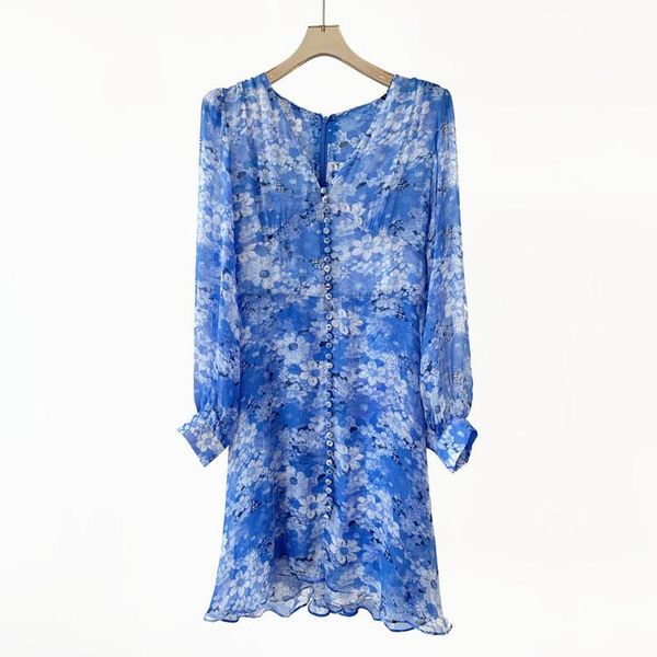 

casual dresses women floral print blue mini dress lady v-neck single-breasted lantern sleeve short 2021 summer, Black;gray