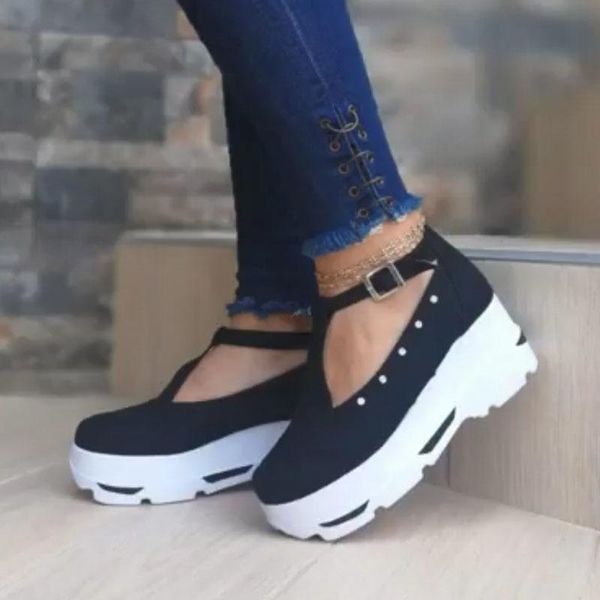 

sandals summer women platform closed round toe high heels ladies shoes buckle strap gladiator female big size, Black