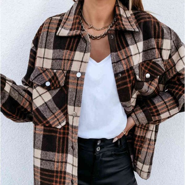 

skirt women's winter oversided chess sleeve button up collared jacket fashion shirts plaid shirt, Black