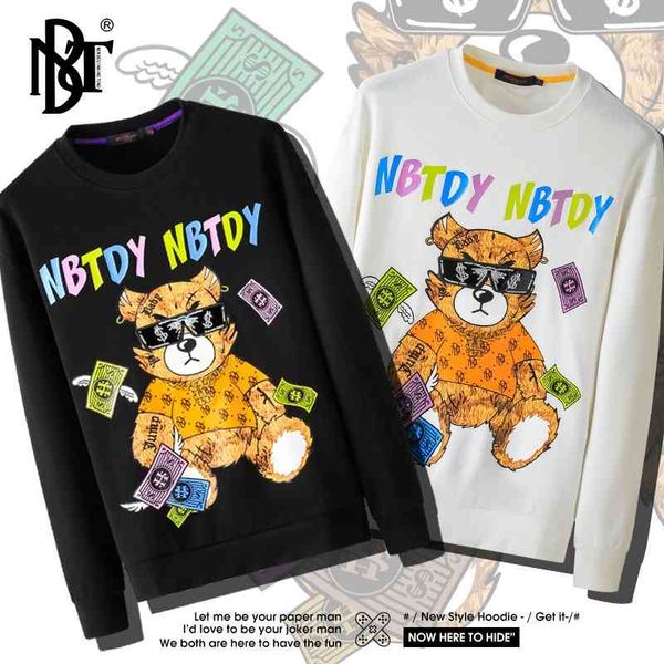 

hoodies2021 autumn winter new sweater bear cartoon printing loose fashion men's wear couple pullover long sleeve top, Black