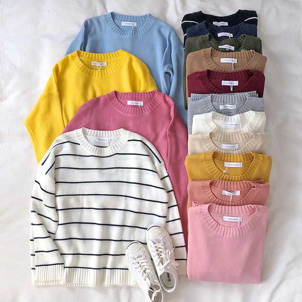 

women's sweaters 2021 autumn winter pullover women loose casual stripe oversize knitted sweater koaren style vintage top, White;black