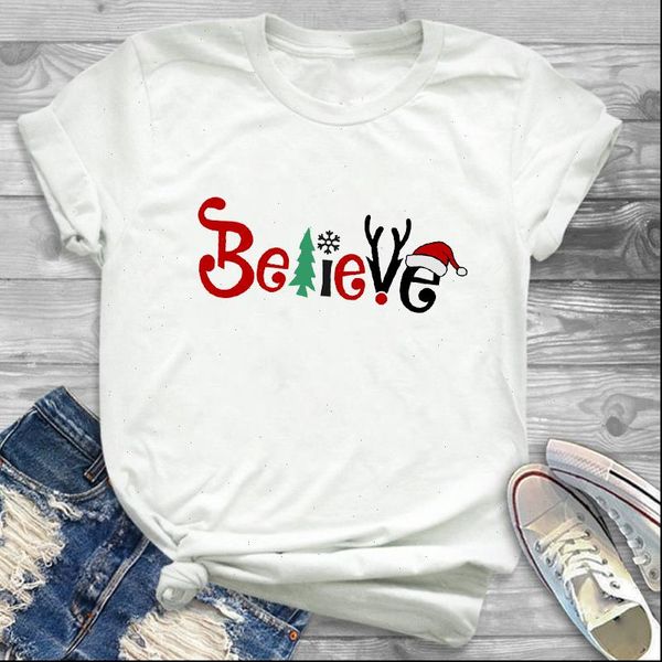 

merry women t shirt christmas men believe letters print female santa claus reindeer short sleeve tee, White