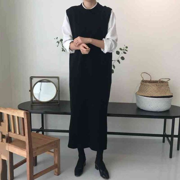 

korean ins autumn niche round neck loose sleeveless sweater dress all-match split long vest knitted zt905 210510, Black;gray