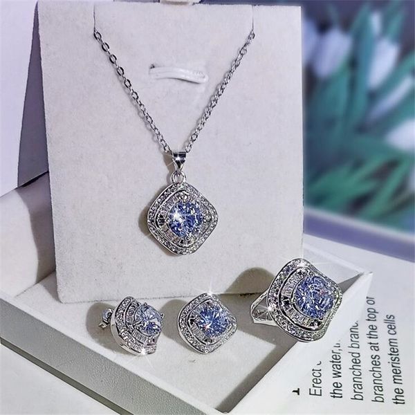 

jewelry set 925 sterling silver round cut moissanite cz diamond gemstones ring necklace stud earring for lover gift wjl2525, Slivery;golden