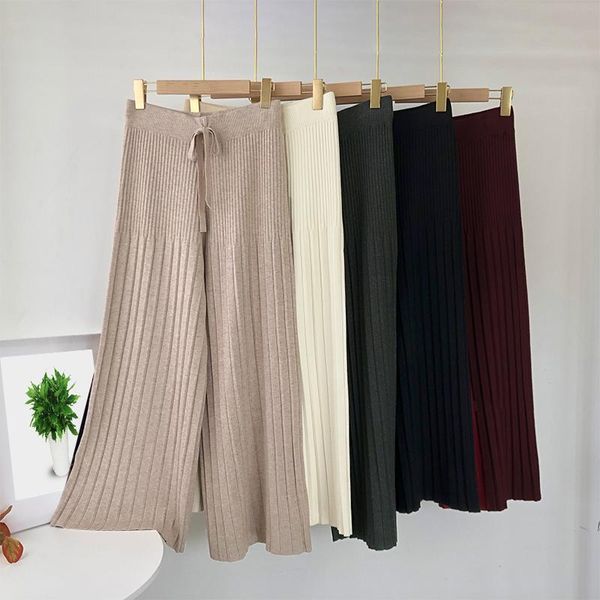 

women's pants & capris elegant striped knitted office women solid loose straight trousers drawstring high waist casual female, Black;white