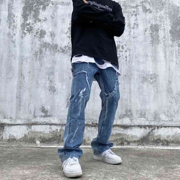 

men's jeans torn jeans, hip hop, dyed, drawstring, sideways parades, patchwork, casual pants, harajuku fashions uh97, Blue