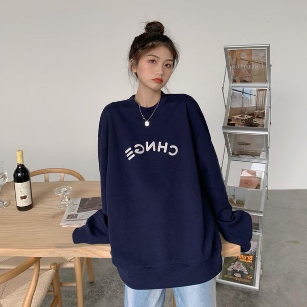 

loose pullover women's 2021 autumn winter korean version new versatile round neck medium long lazy style sleeved top, Blue;black