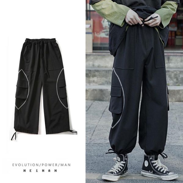 

drawstring casual pants men's fashion solid color multi-pocket overalls men streetwear loose hip hop straight trousers mens, Black