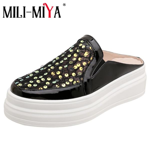 

sandals mili-miya attractive women platform slippers fashion casual bling sequined mesh slides summer slip on dress rubber shoes, Black