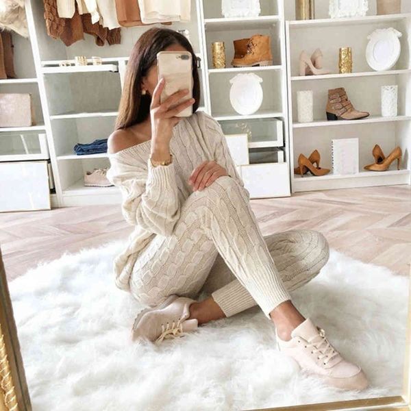 

women sweater knitted 2 piece set long sleeve crop and long pants autumn winter sweater two piece set outfits 200923, White