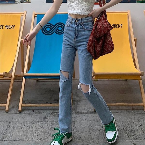 

women's jeans 2021 fashionable korean girl hole high waist was thin all-match straight long pants fall clothing, Blue