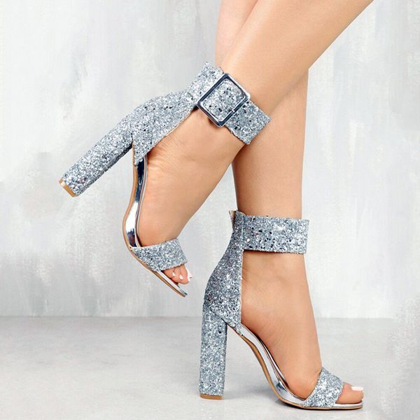 

2021 womens sandals spring new fashion shiny buckle chunky high heels 1, Black