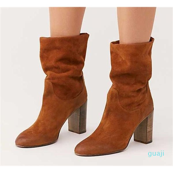 

boots the spring autumn solid woman red brown skin slip on toe wheel moors mid-calf short size 42, Black