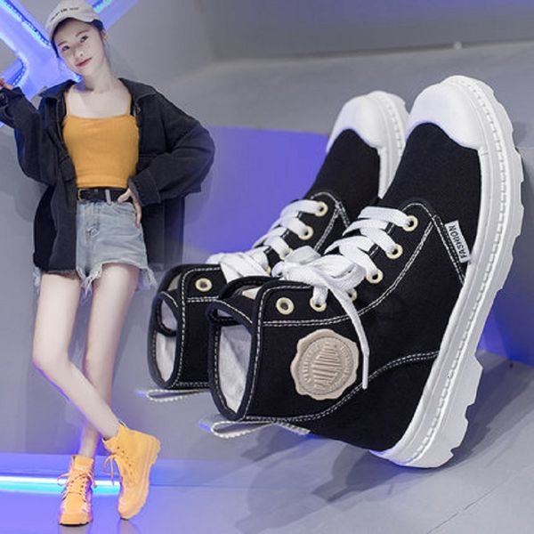 

boots black martin female thin casual early autumn fashion wild high canvas long boots tide