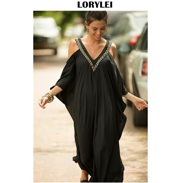 Sexy Cold Show V Neck Bats Sleeve Abito da spiaggia estivo sciolto Plus Women Beachwear Abito di cotone nero Kaftan Q943 210323