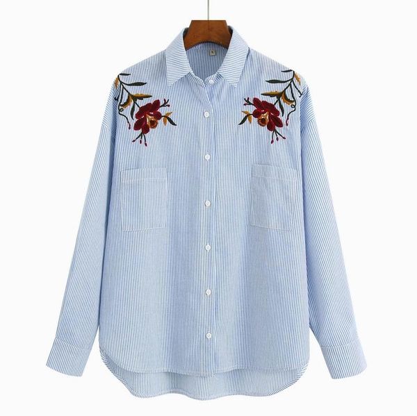 

women's blouses & shirts women striped shirt embroidery floral blouse autumn 2021 fashion feminino blusa modern lady long sleeve, White