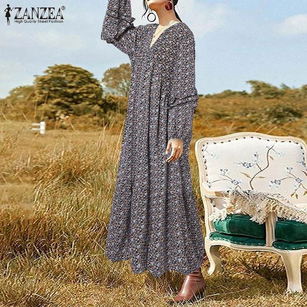 

dresses bohemian printed maxi dress women's spring sundress 2021 casual puff sleeve long vestidos female flroal robe plus size, Black;gray