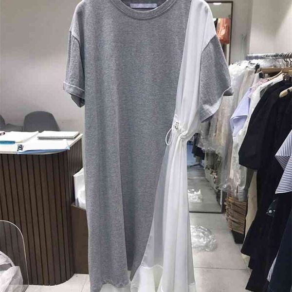 

korobov summer hit color patchwork ruffles dress korean streetwear drastring o neck short sleeve dresses fashion vestidos 210430, Black;gray