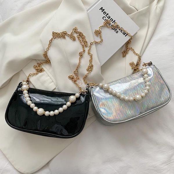 

evening bags simple pearl chain shoulder women small pure color pu leather shopping handbags female laser crossbody