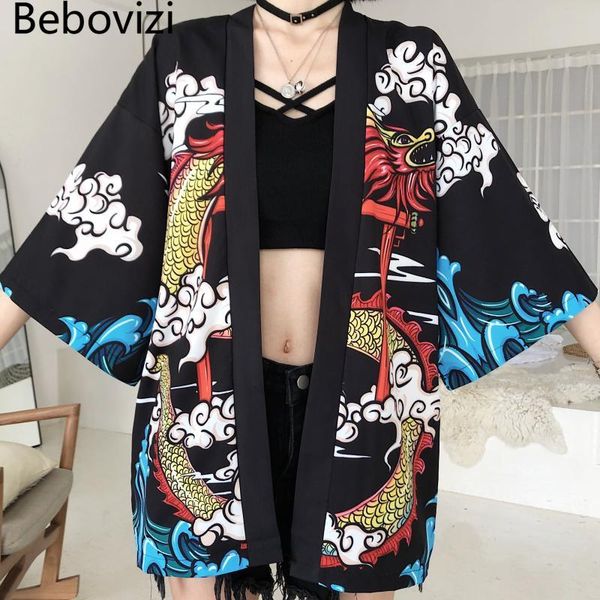 

yukata haori fashion anime dragon print japanese kimono cardigan summer women belt costume clothing black jacket shirt cosplay ethnic, Red