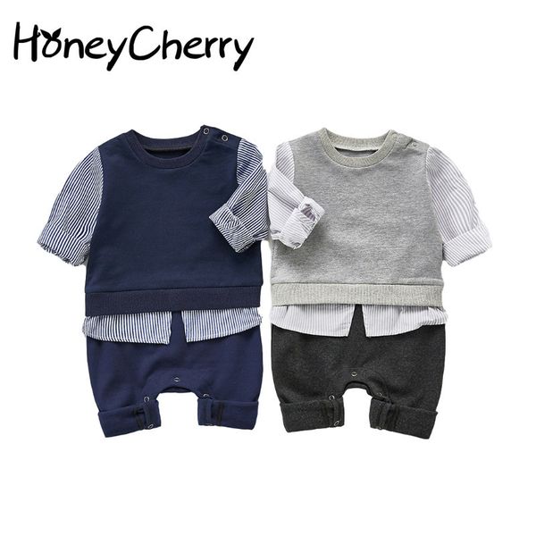 

autumn boy romper handsome striped stitching suit baby winter clothes 210515, Blue