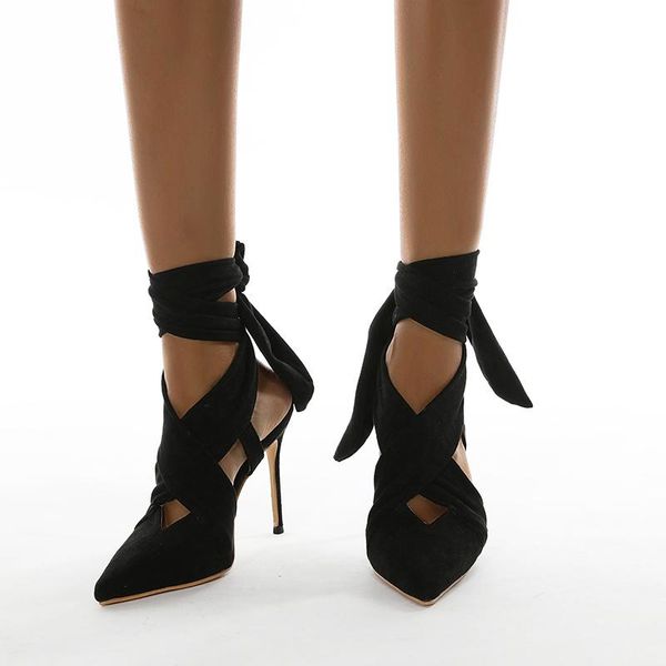 

women's sandals pointed toe female fashion pumps suede ankle strap elegant shoes ladies high heels footwear plus size 2021, Black