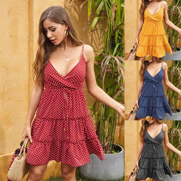 

casual dresses women summer 2021 v neck polka print boho beach dress ruffle sleeveless a line mini wrap sling sundress robe, Black;gray