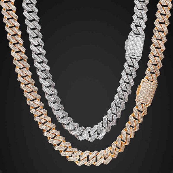 

full zircon three row 20mm diamond cuban men's hip hop trend necklace jewelry, Silver