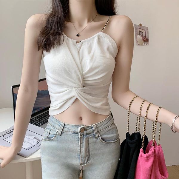 

white color women comisole 2021 summer sleeveless ladies asymmetrical t-shirts knitted female hollow out tees ks683 women's t-shir