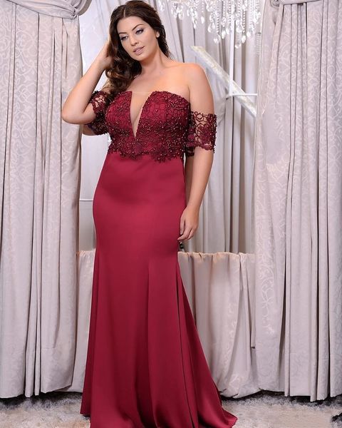 

sheer v neckline prom dresses lace off shoulder beaded zipper back evening dress plus size mermaid cocktail bride vestidos de soiree, Black