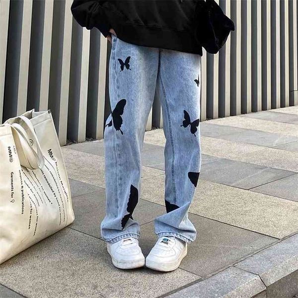 

butterfly vintage jean summer loose large size high waist straight casual harajuku y2k pants plus 210809, Blue