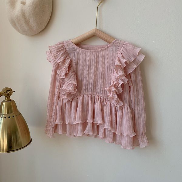 

2021 new spring korean style baby girls chiffon blouses ruffles princess kids pure color shirts children clothes, White;black