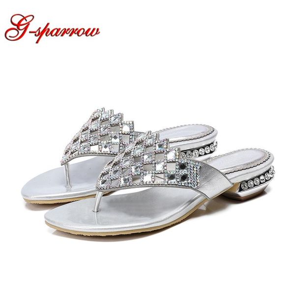 

slippers drop crystal string bead clip toe women rome rhinestone flip flops lady summer beach slides plus size, Black