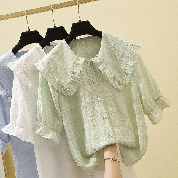

women's blouses & shirts pure color plaid chiffon shirt ladies summer korean large size loose doll collar short sleeve blouse 4xl femal, White