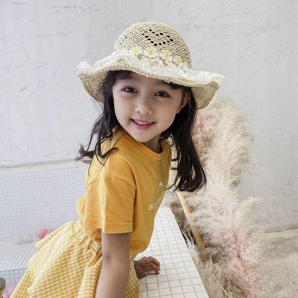 

lace large brim hats for girls summer flower children's sun caps &, Yellow