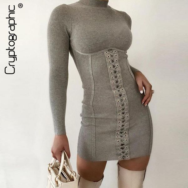

long sleeve lace up mini dresses knitting club party dress elegant bodycon dress autumn mock neck dress casualby air, Black;gray