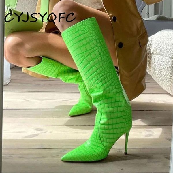 

boots cyjsyqfc solid all-match women's pointed stiletto high heel snake print knee length slip-on woman's heels, Black