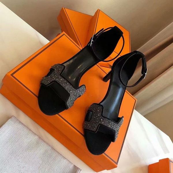 

summer black high-heeled stiletto round head buckle with rhinestone one word elegant temperament sandals women dress shoes