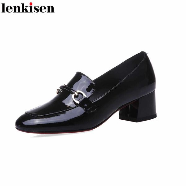 

dress shoes lenkisen european style full grain leather metal decorations round toe slip on med thick heels daily wear office lady pumps l85, Black