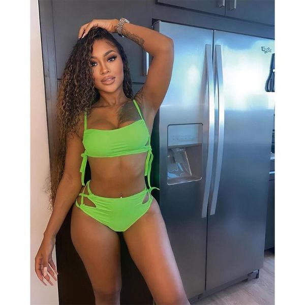 

women's tracksuits 2021 summer solid color sling tube swimsuit two-piece suit women double side bandage sleeveless crop slim underpa, Gray