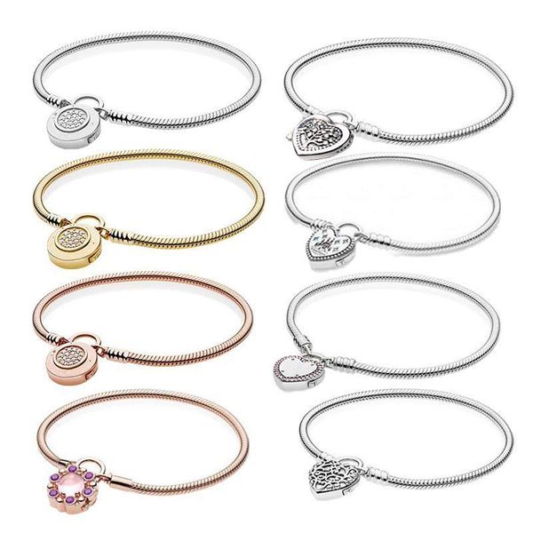 

link, chain 925 sterling silver bracelet heart lock to your oath snake for women bead glamour fashion jewelry, Black