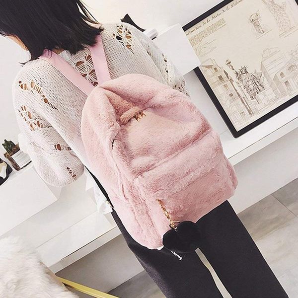 

school bags women soft faux fur plush backpack shoulder bag fluffy with heart pendant (pink)