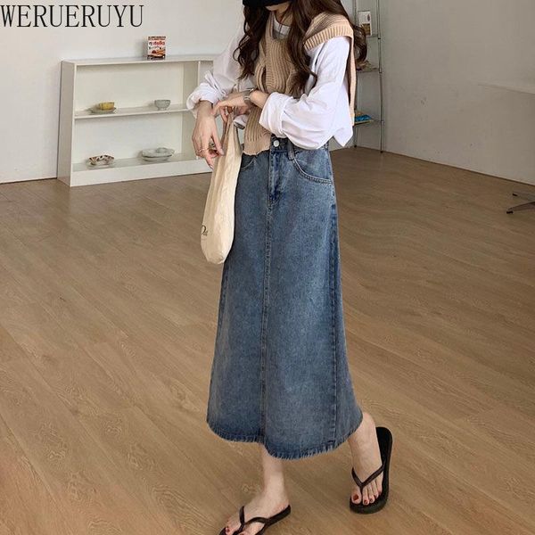 

skirts werueruyu vintage women denim midi skirt split front mid- length buttoned high waist pencil jean, Black