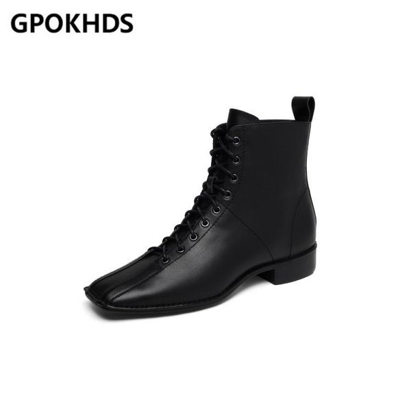

boots gpokhds 2021 women ankle soft cow leather winter short plush lace up round toe low heel party dress, Black
