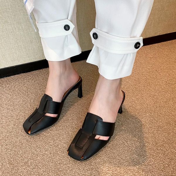 

square toe women slides slippers slip on thin high heels sandals mules shoes party elegant pumps outdoor flip flops, Black