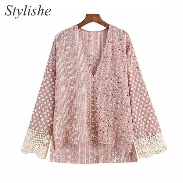 

women's blouses & shirts hollow out embroidered loose women asymmetrical side slit long sleeve shirt female patchwork vintage blouse ca, White