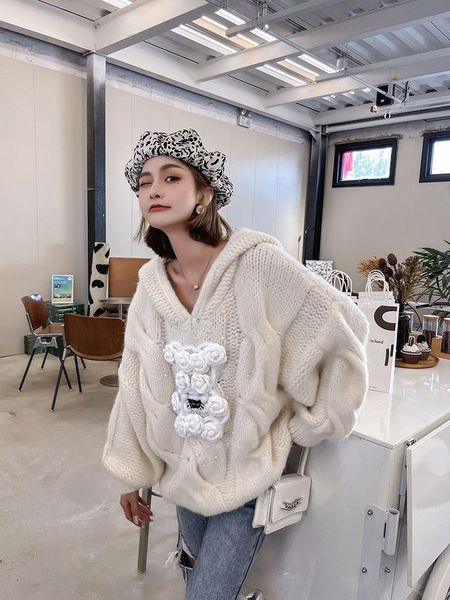 

women's sweaters 2021 autumn and winter women beading bear patch designs hooded sweater, White;black