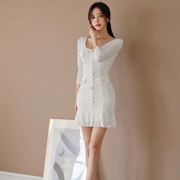 

casual dresses summer women mini three-quarter sleeve o-neck ruffles female hip package short office lady vestidos 64q2, Black;gray